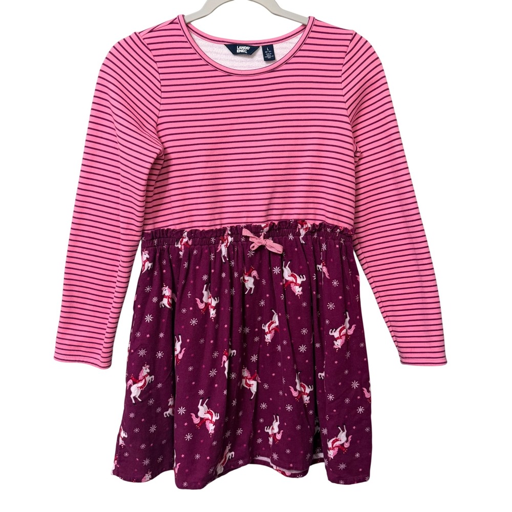 Lands End Girls Large 10-12 Pink Striped Unicorn Snowflake Long Sleeve Dress